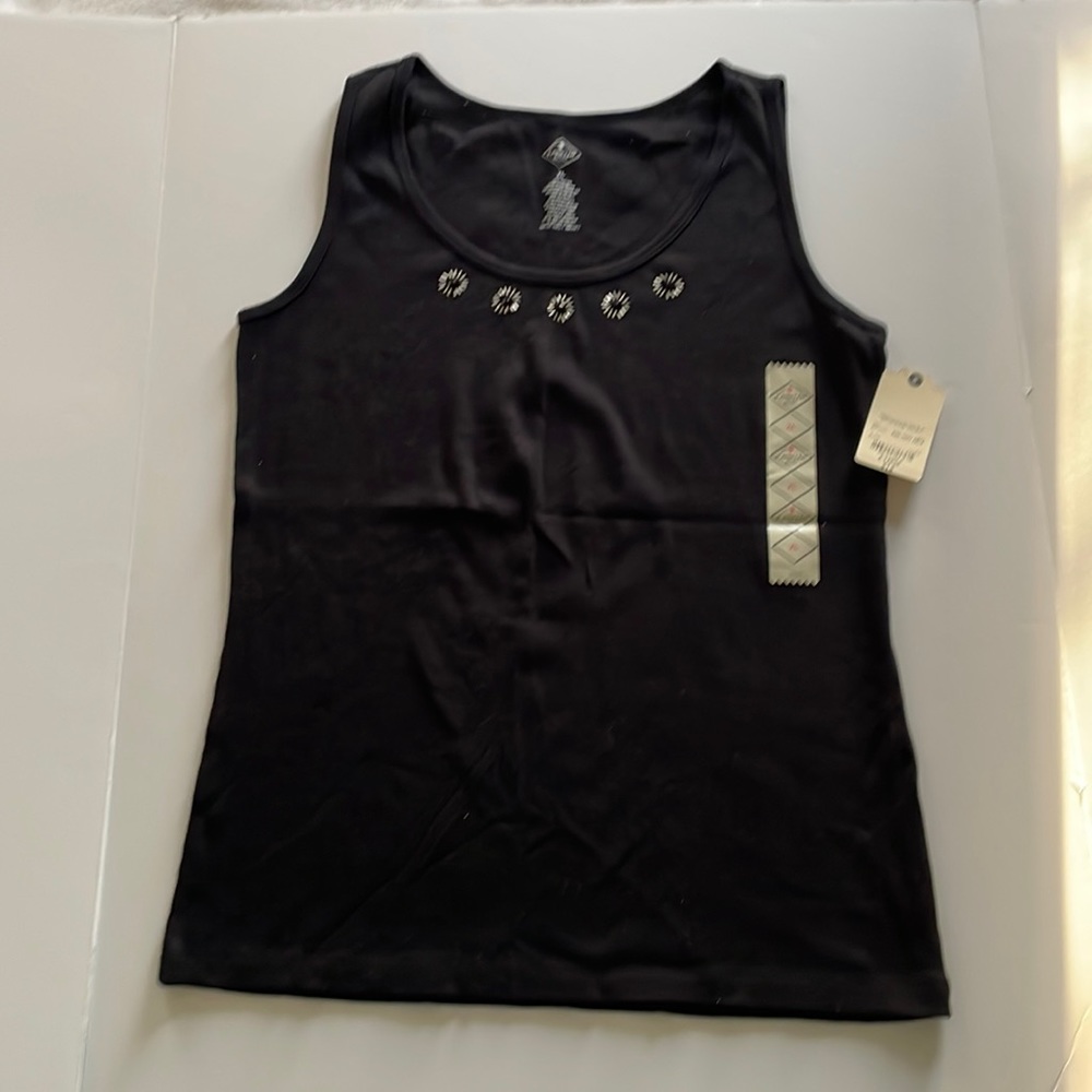 NWT St. Johns Bay black tank top with beadwork at neckline XL